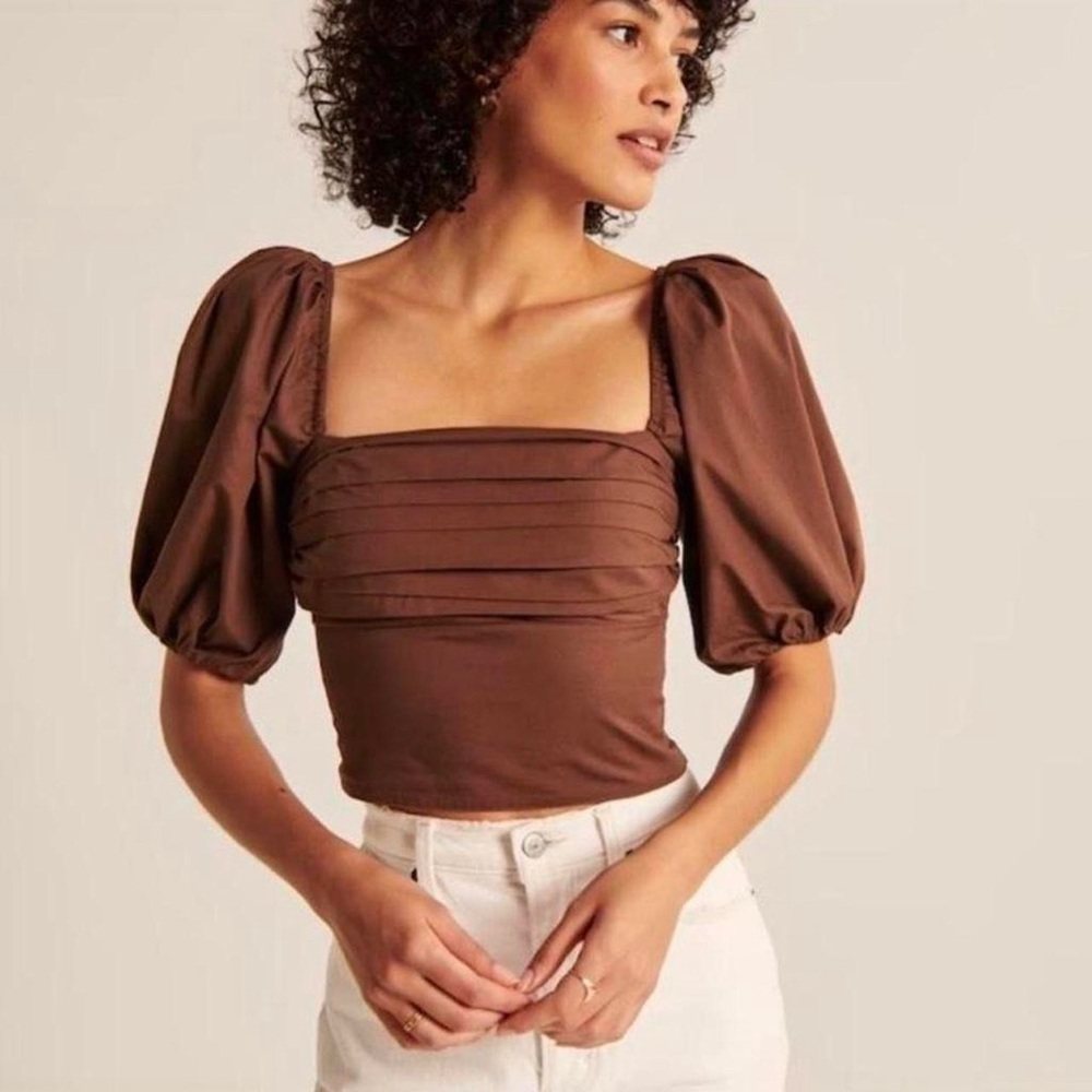 Abercrombie & Fitch Brown Puff Sleeve Square Neck Top